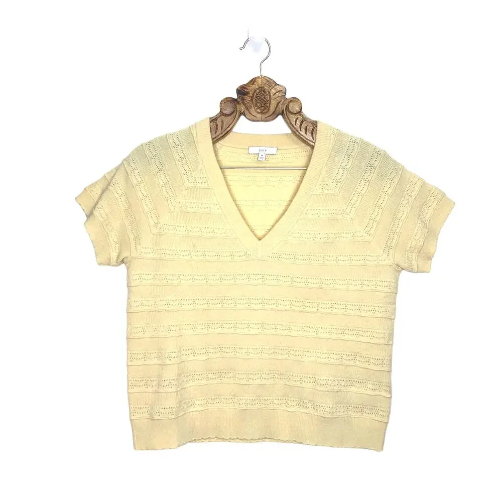 Joie Anoushka Short-Sleeve Lace Eyelet Merino Wool Sweater Pale Yellow Small